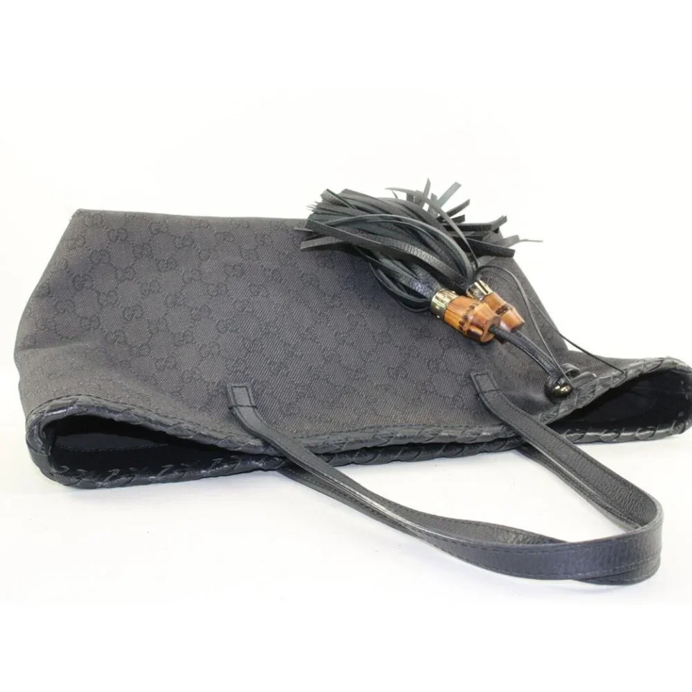 Gucci Black Monogram Denim Bamboo Fringe Tassel Tote 2GK1214K